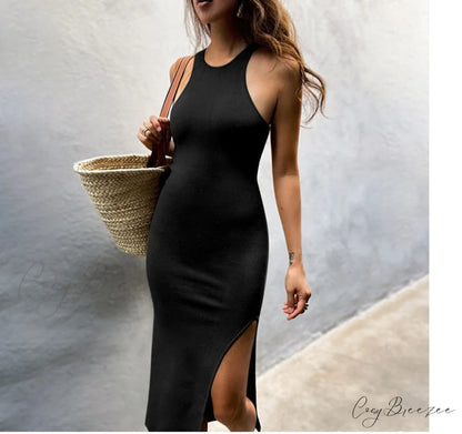Simple And Sexy Charming High-Slit Midi Dress BLACK / S