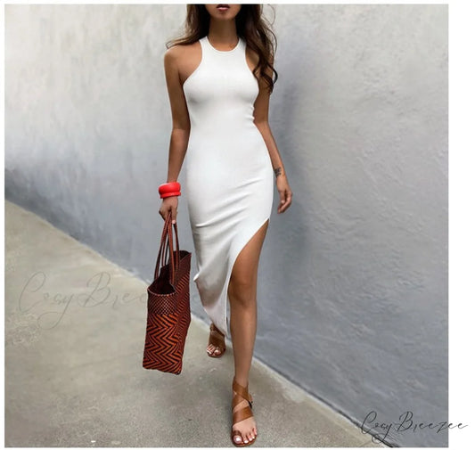Simple And Sexy Charming High-Slit Midi Dress WHITE / S
