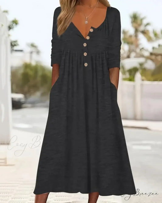 Simple Dress - Solid Color Button Black / S