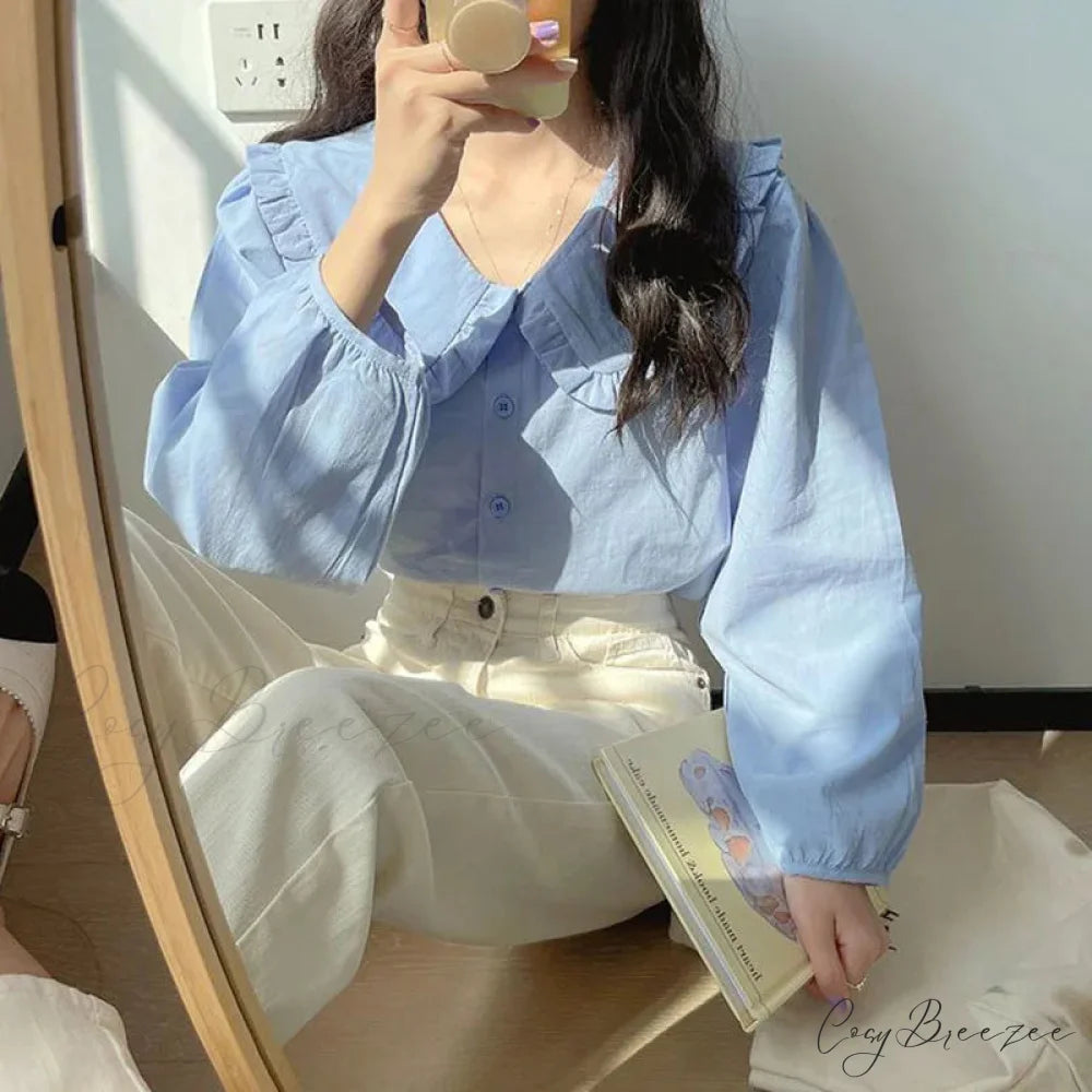 Simple Frills Single Breasted White Blouse Blue / S blouse-250223
