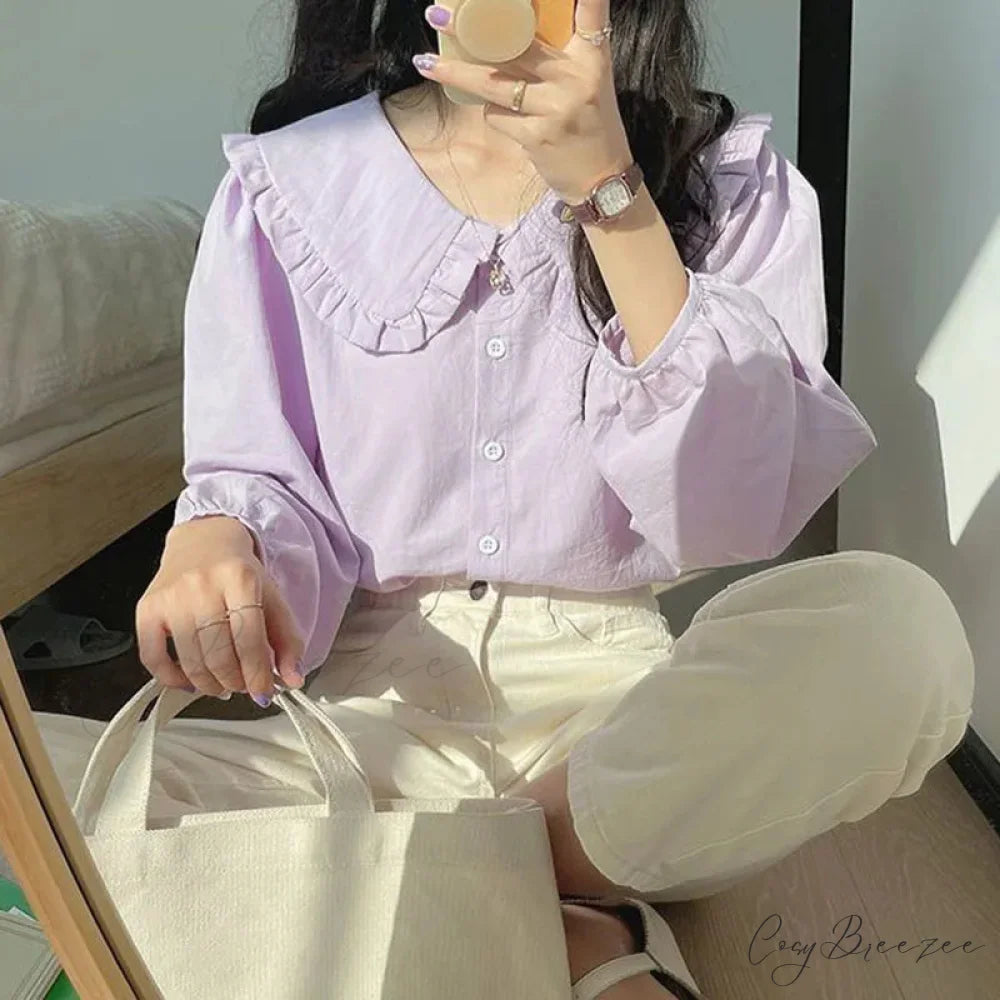Simple Frills Single Breasted White Blouse Light Purple / S blouse-250223