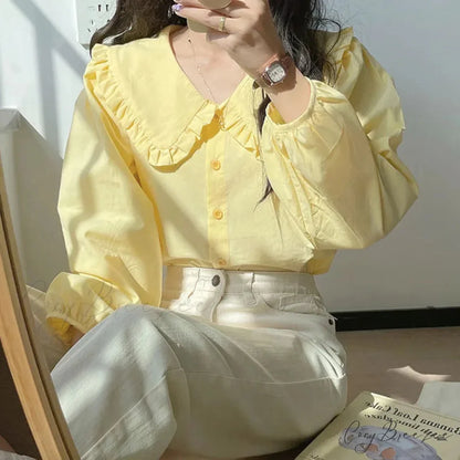 Simple Frills Single Breasted White Blouse Yellow / S blouse-250223