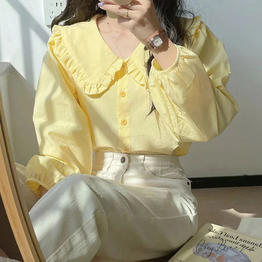 Simple Frills Single Breasted White Blouse Yellow / S blouse-250223