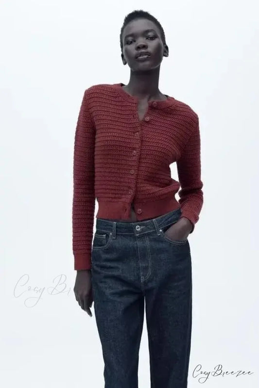 Simple Informal Textured Round Neck Cardigan Red / S cardigans-241228