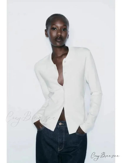 Simple Polo Collar Full Sleeve Cardigan WHITE / S cardigans-241228