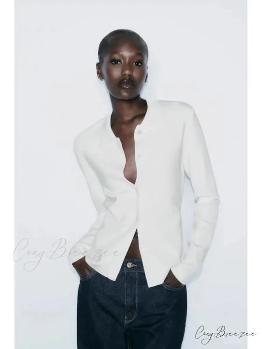 Simple Polo Collar Full Sleeve Cardigan WHITE / S cardigans-241228