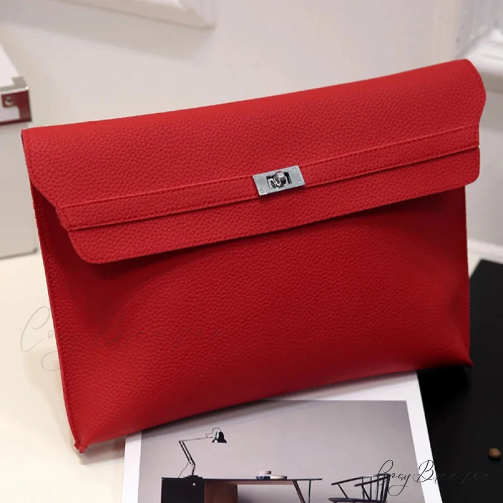 Simple Red PU Leather Envelope clutchbag-250126