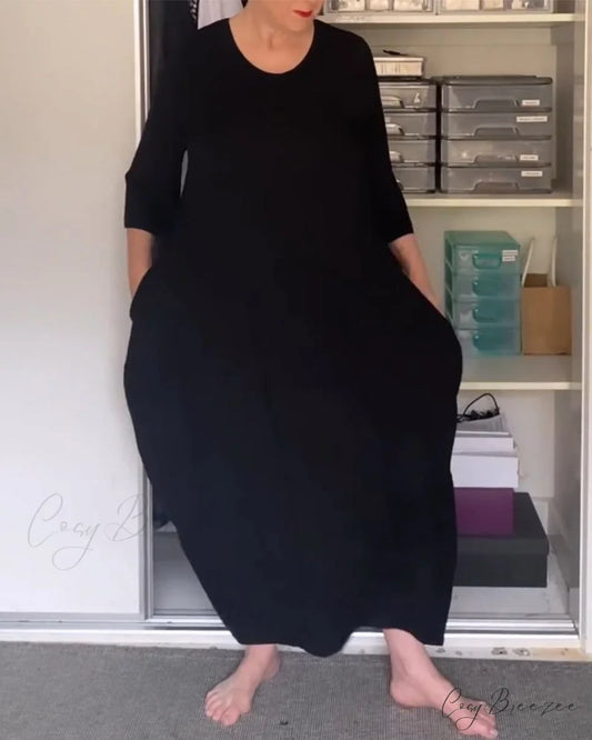 Simple solid color round neck dress Black / S