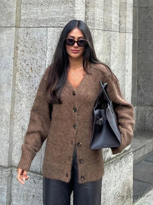 Simple V-neck Mohair Loose Cardigan cardigans-241228