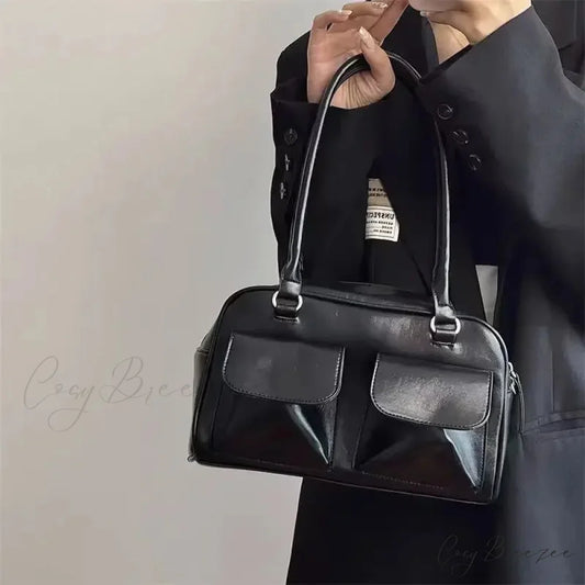 Simple Vintage Business PU Bag Black / 28x16x10cm shoulder-250126