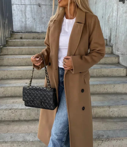 Simple Woolen Long Sleeved Lapel Coat Brown / M overcoats-241228