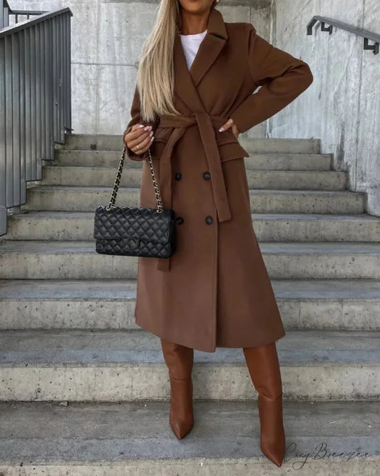 Simple Woolen Long Sleeved Lapel Coat brown / M overcoats-241228