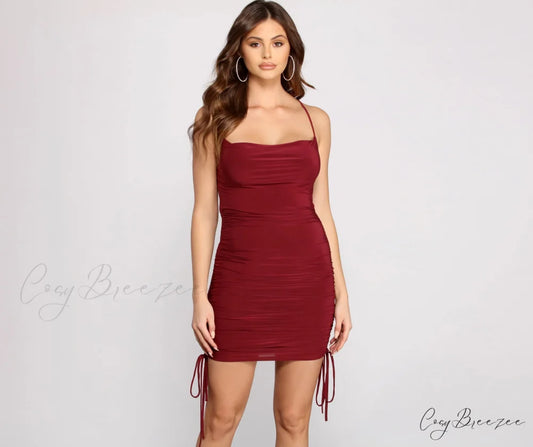 Simply Stunning Stylish Ruched Mini Dress BURGUNDY / XS