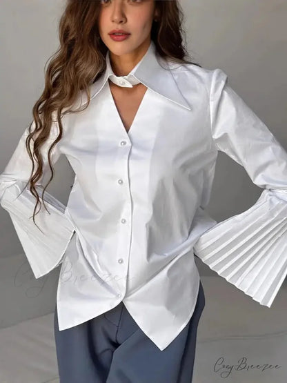 Single Breasted Frills Full Sleeve Blouse White / S blouse-250223