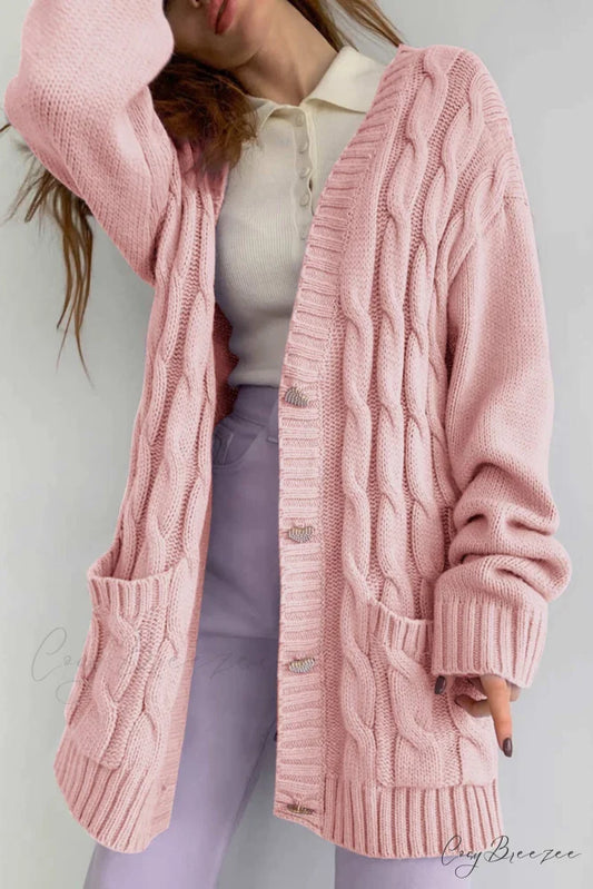 Single-breasted Knit Cable Cardigan Pink / S