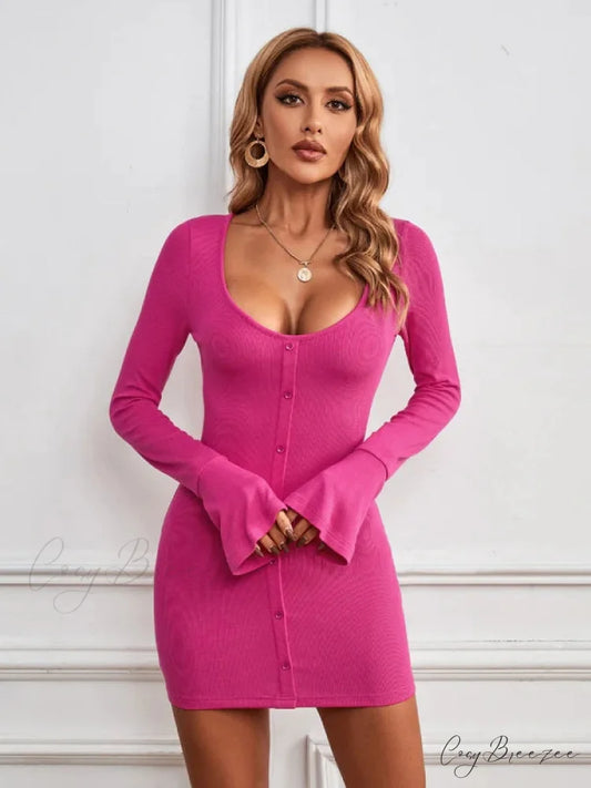 Single-Breasted Knitted Long-Sleeved Dress S / fuchsia