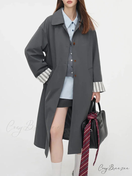 Single Breasted Korean Design Sense Contrasting Color Medium Long Stylish Coat Dark Grey / XS