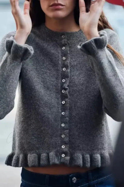 Single Breasted Ruffled Round Neck Cardigan Dark Grey / S cardigans-241228
