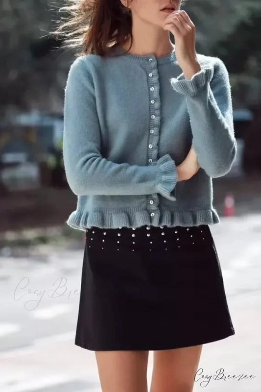 Single Breasted Ruffled Round Neck Cardigan SKY BLUE / S cardigans-241228