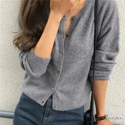 Single Breasted Solid Round Neck Knitted Cardigan Gray / One Size cardiagn-250126