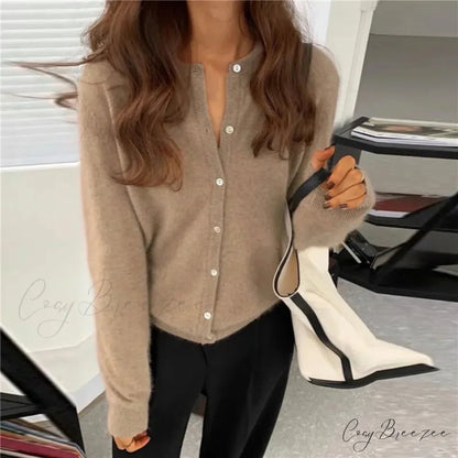 Single Breasted Solid Round Neck Knitted Cardigan Khaki / One Size cardiagn-250126