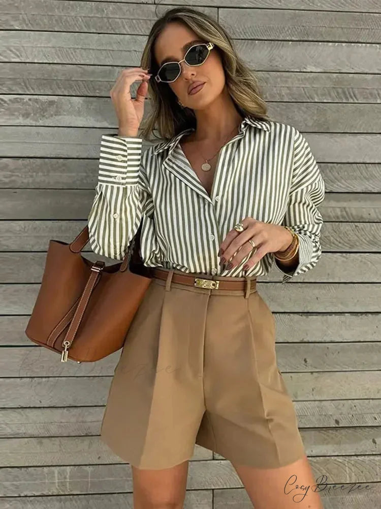 Single Breasted Stripe Full Sleeve Loose Casual Crop Top blouse-250126