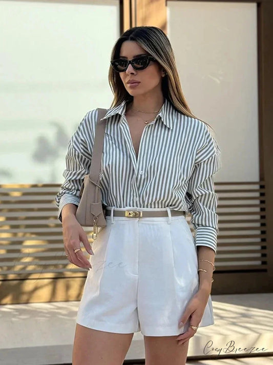 Single Breasted Stripe Full Sleeve Loose Casual Crop Top Blue stripe / XS blouse-250126