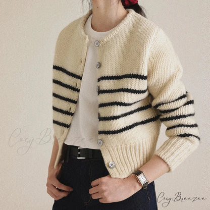 Single-breasted Striped Knit Cardigan BLACK / One Size cardigans-241228