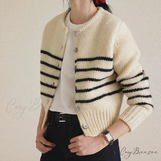 Single-breasted Striped Knit Cardigan BLACK / One Size cardigans-241228