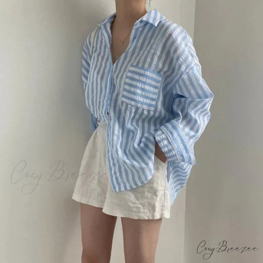 Single-Breasted Striped Lapel Collar Blouse blouse-250223
