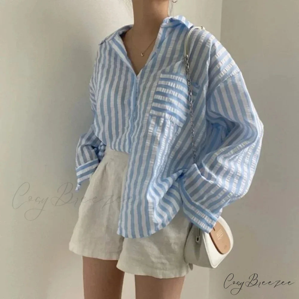 Single-Breasted Striped Lapel Collar Blouse blouse-250223