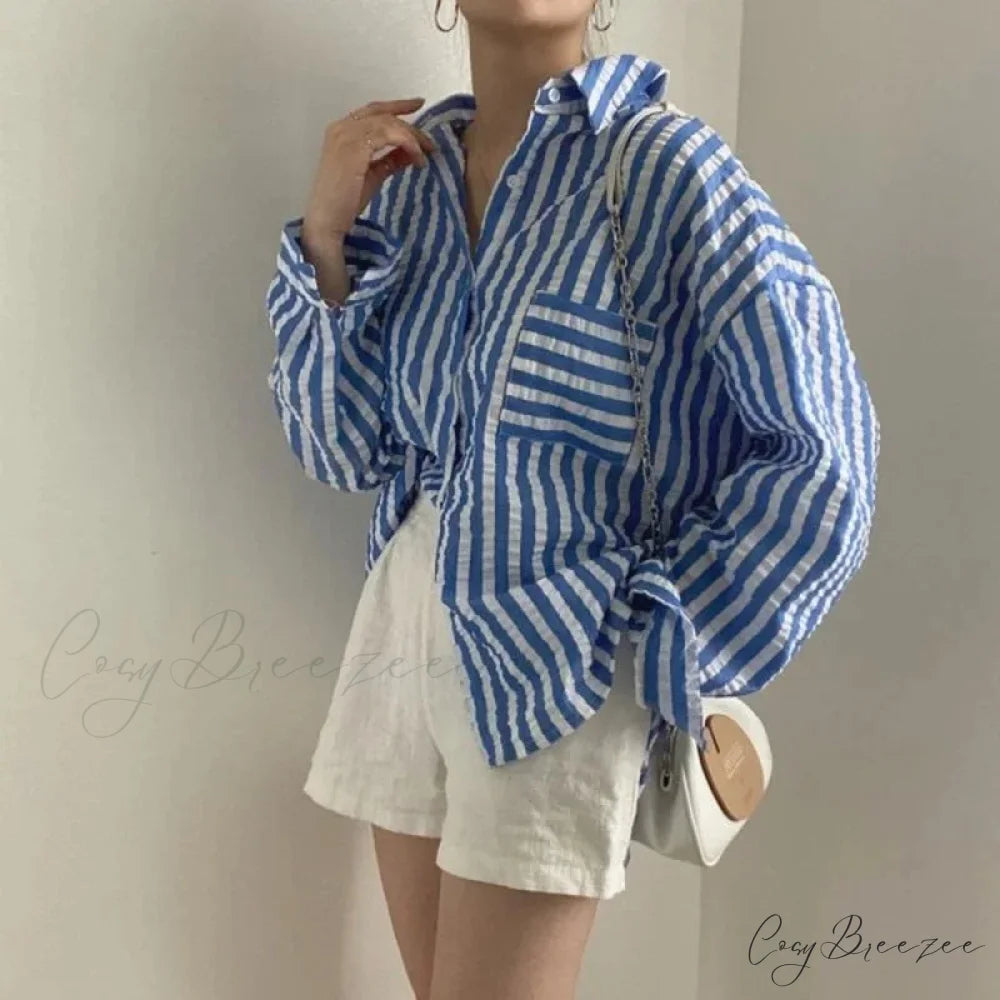 Single-Breasted Striped Lapel Collar Blouse blouse-250223