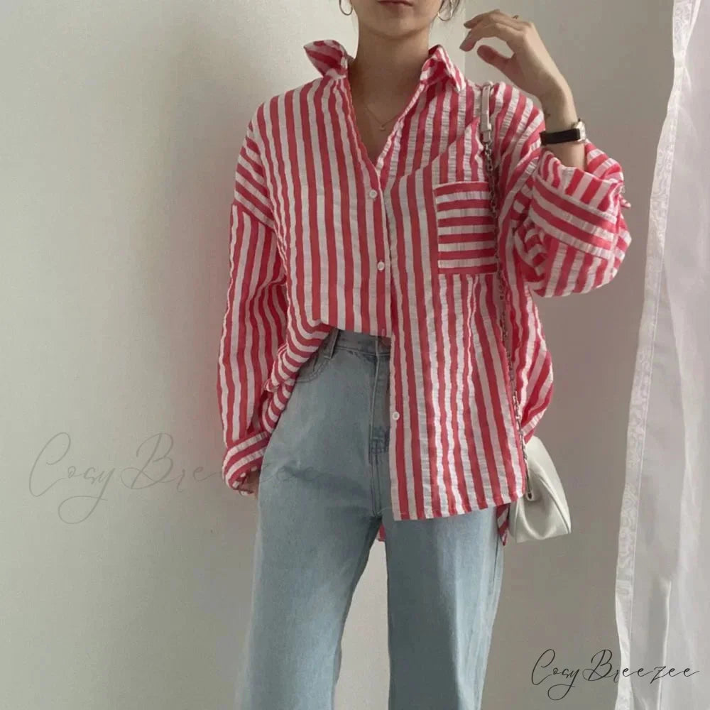 Single-Breasted Striped Lapel Collar Blouse Red / One Size blouse-250223
