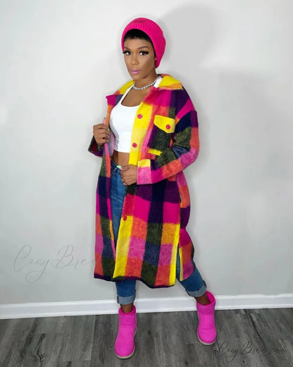 Single for Turn-down Breasted Outcoat Neck Long Arm Wool Blend Plaid Women