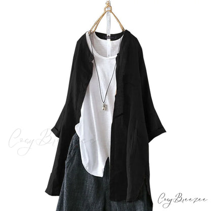 Size Long Arm Vintage Casual Cardigans Women’s Tunic Plus Cotton Button Blouse Tops black / L