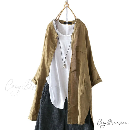 Size Long Arm Vintage Casual Cardigans Women’s Tunic Plus Cotton Button Blouse Tops Camel / L