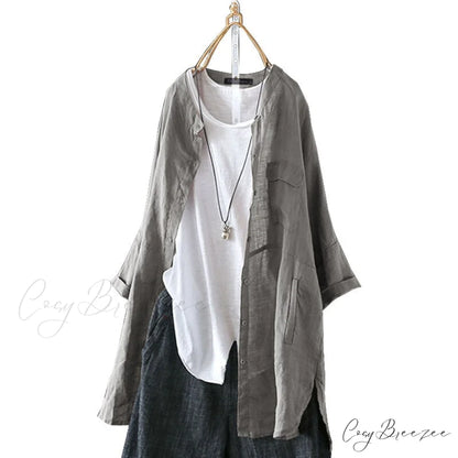 Size Long Arm Vintage Casual Cardigans Women’s Tunic Plus Cotton Button Blouse Tops gray / L