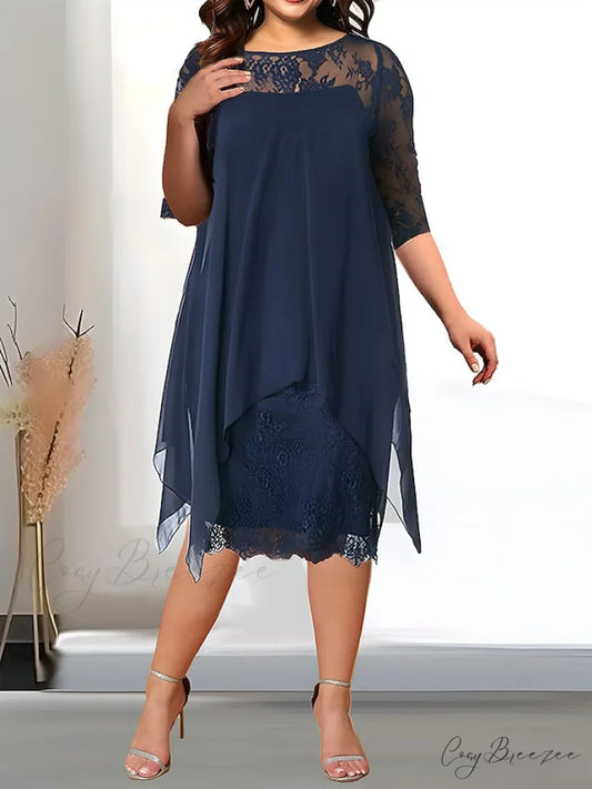 Size Plus 3/4 Neck Length with and Gown Women’s Lace Crew Party Sleeves Blue / XL