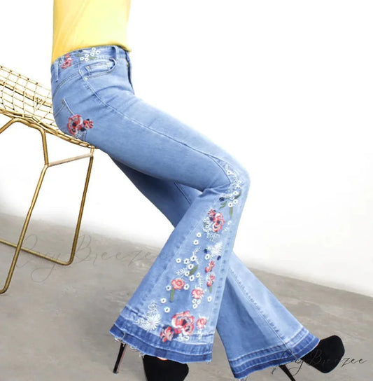 Size S-3XL Elastic Embroidery Flare Blue Vintage Bell Bottom Skinny Wide Leg Denim Jean