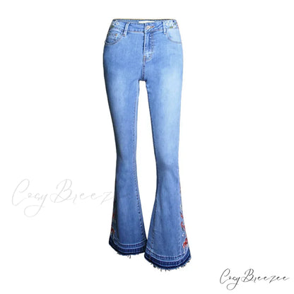 Size S-3XL Elastic Embroidery Flare Blue Vintage Bell Bottom Skinny Wide Leg Denim Jean Light blue / S