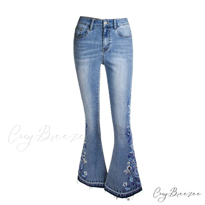 Size S-4XL Elastic Flower Embroidered Flare Denim Autumn Retro Style Bell Bottom Skinny Jean Light blue / S