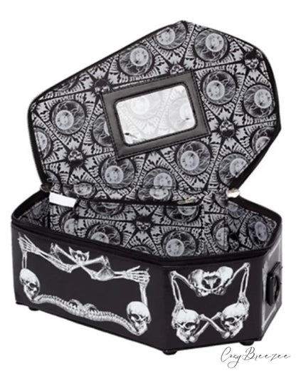 Skeleton Coffin Gothic Bat Black PU Leather Crossbody Bag WHITE