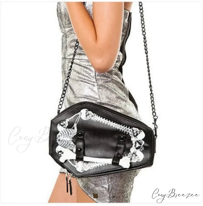 Skeleton Coffin Gothic Bat Black PU Leather Crossbody Bag WHITE