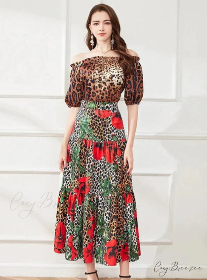 Skirt Blouse Leopard and Design Flower Suit