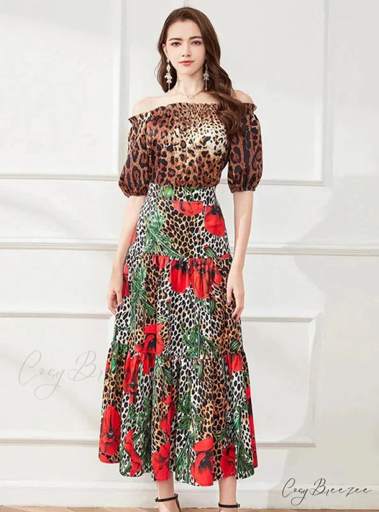Skirt Blouse Leopard and Design Flower Suit