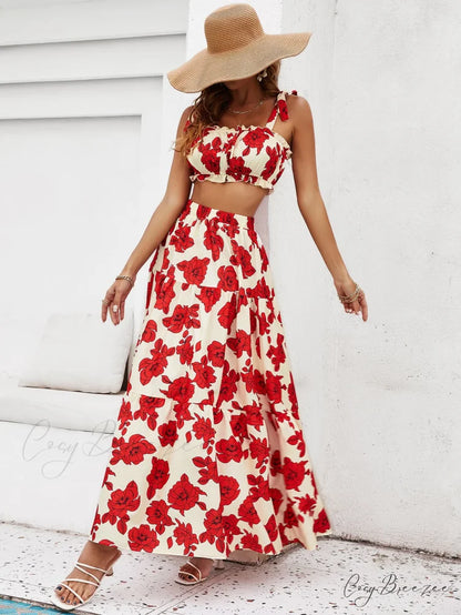 Skirt Tie Tiered Top with Full-Length Flowered Shoulder Set