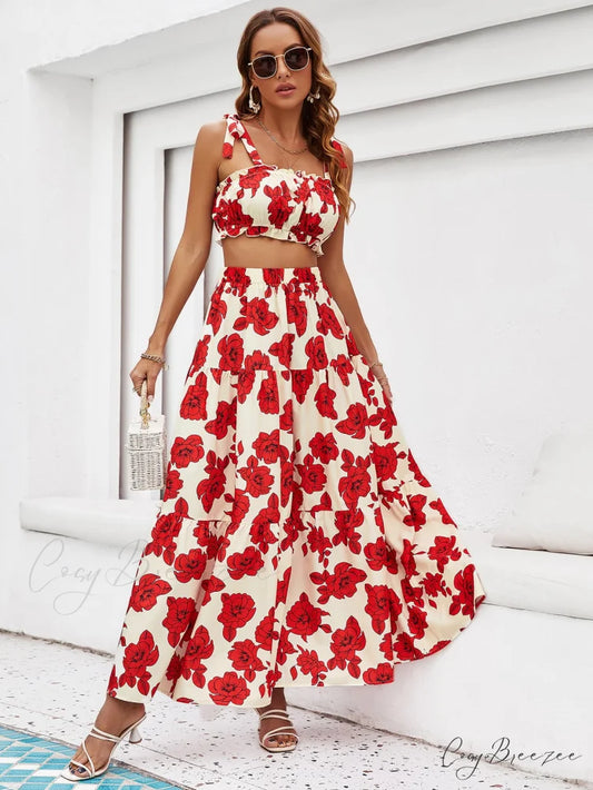 Skirt Tie Tiered Top with Full-Length Flowered Shoulder Set Deep Red / S