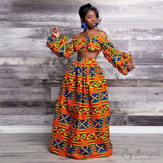 Skirt Top Vintage Africa and Elegant Women High Slit Piece Slash-neck with featuring Blouse Gown Sleeveless National