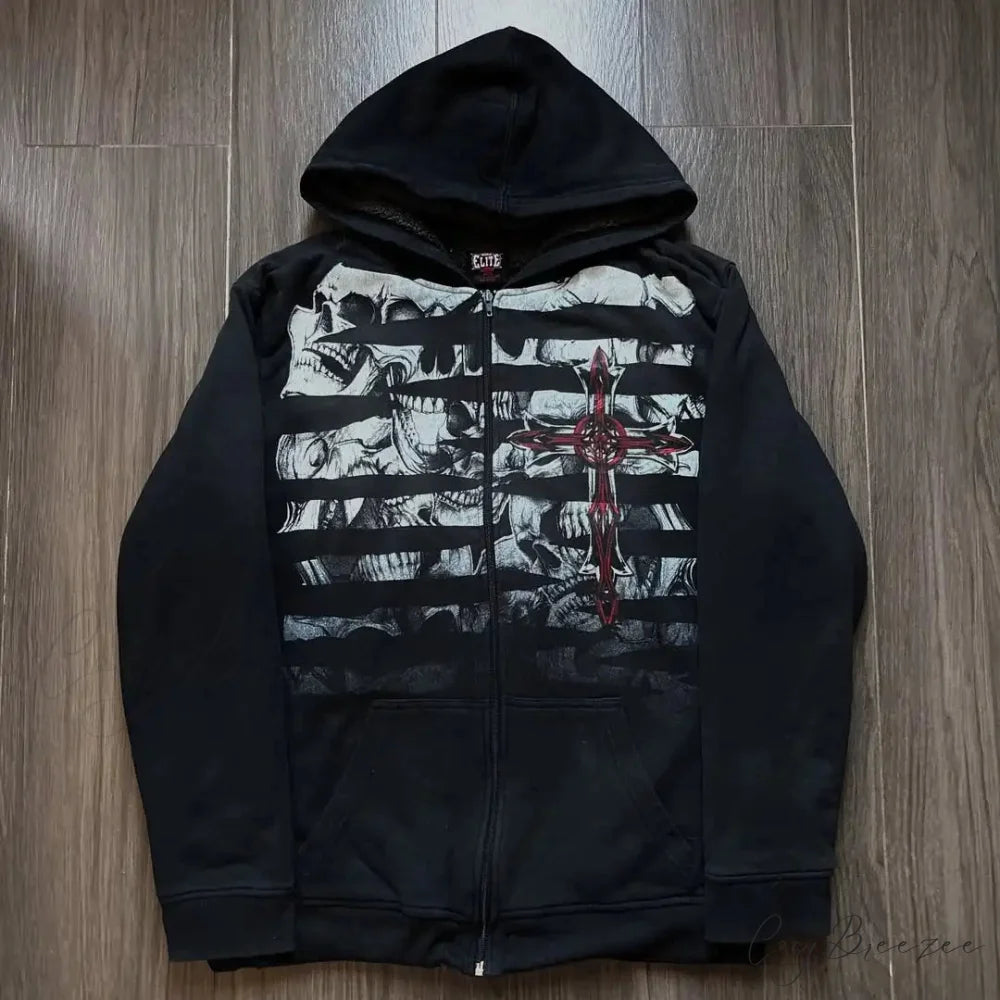 Skull Patchwork Zipper Hoodie hoodies-241228