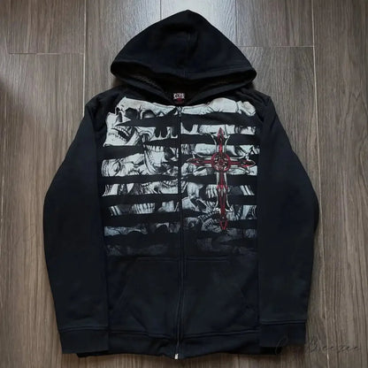 Skull Patchwork Zipper Hoodie hoodies-241228